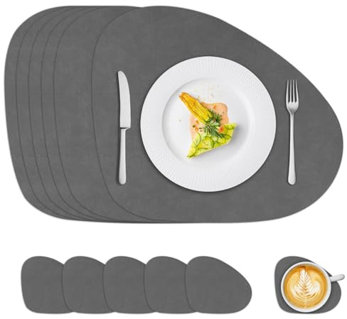 6er Set de Manteles Individuales Ovalados con Salvamanteles, PVC Lavable de Doble Cara y Antideslizante, Impermeables para Cocina y Comedor, Fáciles de Limpiar (Gris/Gris Oscuro)