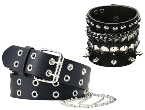 RQcMid Juego De 4 Unidades Negro Con Remaches Y Cadena, 110 Cm De Largo Y 3,3 Cm De Ancho, Cinturón Punk, Gótico, Emo, De Bala