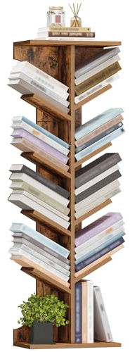 Hzuaneri Tree Bookshelf, 11 Tier Floor Standing Bookcase, Narrow Bookcase, Display Shelf for Living Room, Home, Office, Bedroom, Rustic Brown, BC01601X