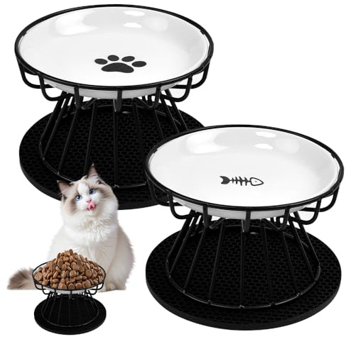 BRRDAQU 2 Pièces Gamelle pour Chat, Gamelle Chat Surélevée Ceramique Bol Chat Surélevée Gamelle Haute Chat en Céramique avec Support en Métal & Tapis Antidérapant pour Petits Animaux