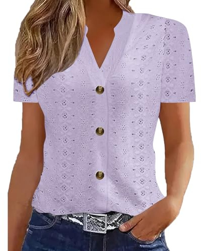 Summer Tops for Women UK - Ladies Blouses 2026 Elegant Going Out Eyelet Embroidery Short Sleeve Tops Hollow Out Casual Business Outfits Tunic Tees Breathable Button Down V-Neck T-Shirts