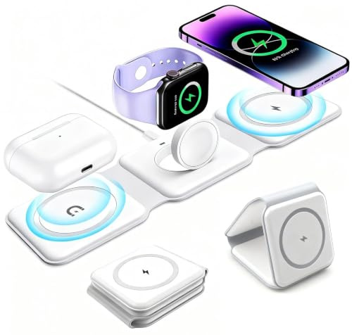 Cargador Inalámbrico 3 en 1 Plegable 15W, Estación de Carga Rápida | compatible con MagSafe para iPhone /16/15/14/13 compatible con Apple Watch Ultra/SE/10 y compatible con AirPods