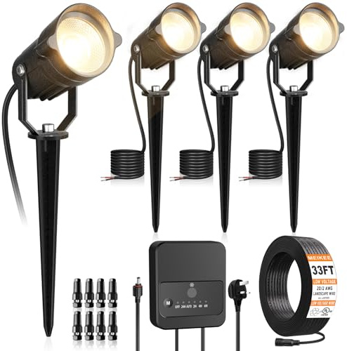 MEIKEE 4-in-1 Garden Spotlights Mains Powered,6W LED Landscape Lighting | with Transformer & 10M Cable, IP66 Waterproof,2700K Warm White Spike Lights,for Garden,Lawn,Path,Patio,Yard