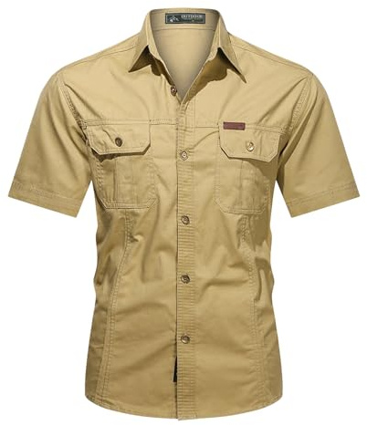 Muwodkdn Chemise Homme Manches Courtes Coton Cargo avec 2 Poches Kaki M