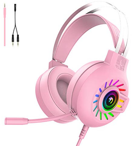 Casque de Jeu, Casque de Jeu Filaire stéréo 3,5 mm avec rétroéclairage Arc-en-Ciel RVB, Son Surround de Casque Professionnel et Microphone à réduction de Bruit, pour PS4 / Xbox One/Mac/PC (Rose)