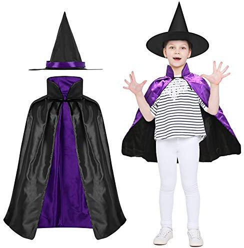 LYTIVAGEN Ensemble 2 Pièces Déguisement de Sorcière Enfant Cape et Chapeau de Sorcière Double face du Magicien d'Halloween pour Enfants Fille Garçon Cosplay Déguisement d'Halloween(Violet et Noir)