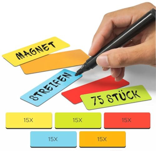 2DOBOARD Magnetstreifen beschreibbar - 7,5 cm x 2,5 cm Bunt - 75 Stück - Magnetschilder zum beschriften – Für Kühlschrank, Whiteboard & Tafel - Magnetetiketten