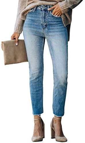 Sidefeel Women's Classic Skinny Frayed Ankle Denim Zimbaplatinum Stretch Straight Jeans X-Large Blue