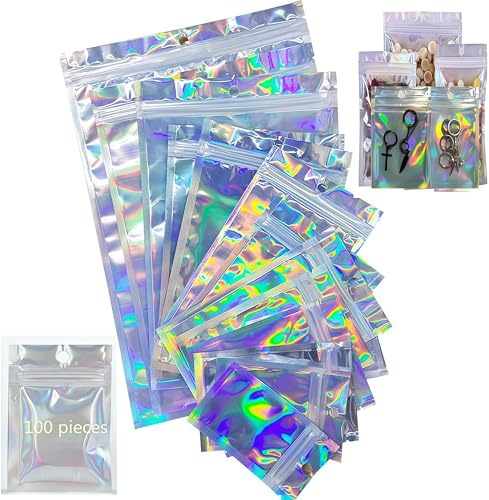 100 Bolsas de Mylar Resellables a Prueba de Olores - Holográficas Planas Con Cremallera Para Guardar Regalos y Joyas (12 x 22 cm)