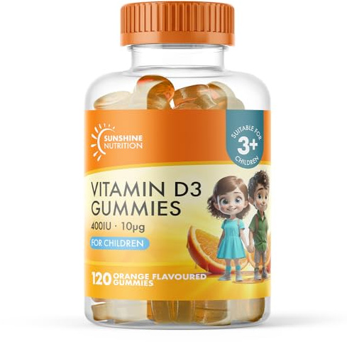 Kids Vitamin D Gummies by Sunshine Nutrition - MEGA Pack Vitamin D3 400IU Orange Flavour Gummy (Pack of 120)