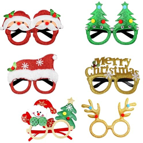 HONGECB Julglasögon, roliga julglasögon, festglasögon juldekoration, kreativa glasögonram – julgran, horn, juldräkt festdekoration, för barn vuxna, 6 st