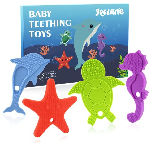 Yoolane Massaggia Gengive Neonati [Originale] - Giochi Dentizione Neonato in Silicone, Animali Marini Massaggiagengive Refrigerante | Giocattoli & Accessori & Regali per Bambini 3+ Mesi | 4 Pezzi