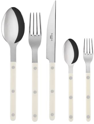 SABRE PARIS - Cubertería de 5 piezas - Bistrot - Cuchillo, tenedor, cuchara, cucharadita y tenedor para tartas - Acero inoxidable y nailon - Apto para lavavajillas - Color marfil