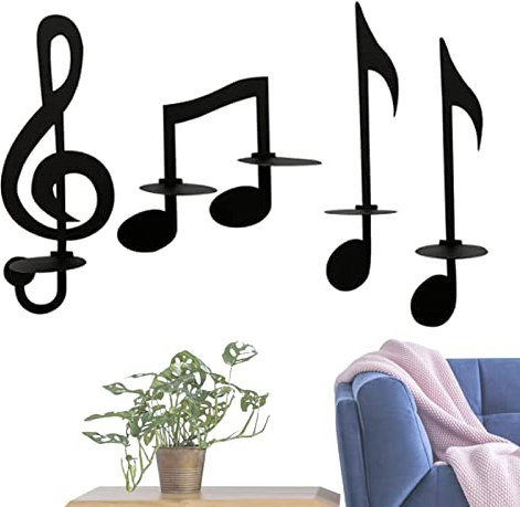 Huasean Arte della Parete della Nota Musicale Nera - Decorazioni per portacandele in Ferro da 4 Pezzi - Candeliere con Nota Musicale, Simbolo Musicale per la Decorazione Artistica del corridoio