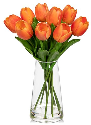 Hollyone 9PCS Fake Tulips Artificial Tulip Flowers in Glass Vase with Faux Water, 14.2 Real Touch Orange Tulip Flowers Décor for Table Centerpiece Home Farmhouse Resto Wedding Decoration