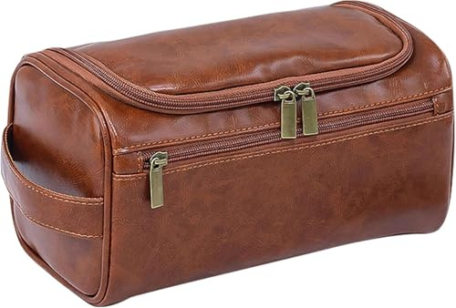 PU Leather Toiletry Bag for Men, Dark Brown Wash Bag for Travel, Gym & Shaving, Dry & Wet Separation with 3 Compartments - Perfect Men's Washbag (Brown)