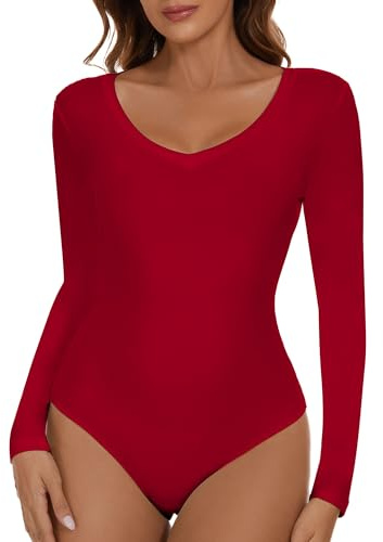 SHAPERIN Dambodysuit ärmlös/långärmad V-ringad bodies stringbody dambody ärmlös/långärmad bodysuit topp sexig räfflad topp, Röd 1#, XL