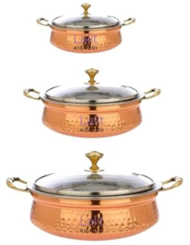 jewellary hub Hammered Copper Handi | Brass Handle | Saute Fry Pan | Combo 3 pcs Set | Copper Sipri with Glass Lid for Cooking and Serving 300, 500 & 700 ml