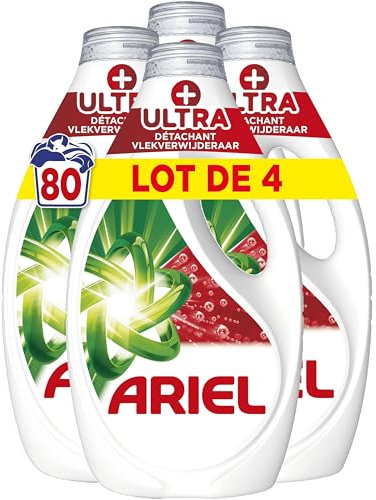 Ariel Lessive Liquide, 80 Lavages (4 x 20 Lavages), + Ultra Détachant, Élimine Les Taches Incrustées, Même Après 7 Jours, Fabriqué En France