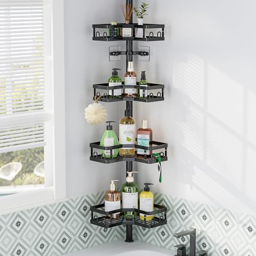 ZIPEEU Telescopic Shower Caddy Corner - Adjustable Rustproof Bathroom Shelves, 4-Tier & 16 Hooks No Drilling Organizer with Suction Cups, Heavy Duty Shower Storage Shelves (157.5-292cm-Black)