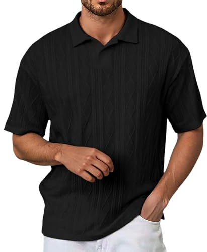 Duohropke Polo para hombre, manga corta, textura, camiseta de punto clásica, jersey de golf, jersey de verano, con botones, elástico, monocolor, camiseta funcional con torsión, camiseta de trabajo