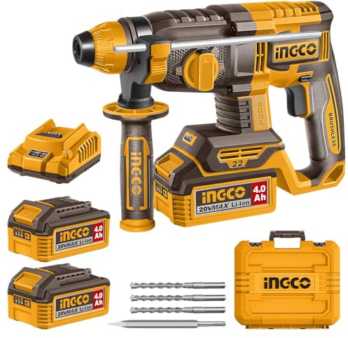 INGCO 20V SDS-Plus Rotary Hammer, Brushless Motor, 1100RPM, 2.0J, 22mm in Conrete with 2Pcs 4.0Ah Battery and 1Pcs Charger CRHLI212282