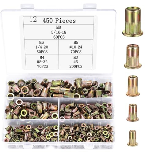 450 Stück Nietmuttern Set, Flachkopf Einnietmuttern Sortiment, M3 M4 M5 M6 M8 Gewindenieten, Einziehmuttern, Gewinde Rivets Nutsert Muttern für Nietmutternzang, Metallplatten, Rohre usw