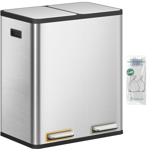 Hzuaneri Mülleimer Küche, Mülltrennsystem 2 Fächer 60L (2 x 30 L), Edelstahl-küchenmülleimer, Tretmülleimer mit Farbcodierbaren Pedalen, Abfalleimer Ruhiger Langsamer Abstieg, Silber SW23099E