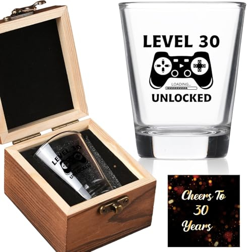 Ithmahco 30th Birthday Gifts for Him Her – LEVEL 30 UNLOCKED Shot Glass with Wooden Box – Cheers To 30 Years Old, Cool 30th Birthday Party Decoration – Turning 30 Bday Gift for Men, Brother, Friend