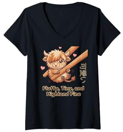 Mujer Lindo palillo Kawaii Esponjoso pequeño Meme de Vaca de Las Tierras Altas Camiseta Cuello V