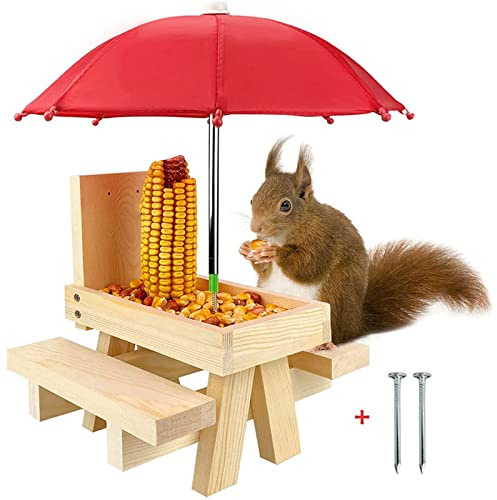 Distributeur de nourriture pour écureuil en bois pour l'extérieur Table de pique-nique Écureuil pour banc Distributeur de nourriture Maison Support de maïs pour le jardin pique-nique Distributeur de