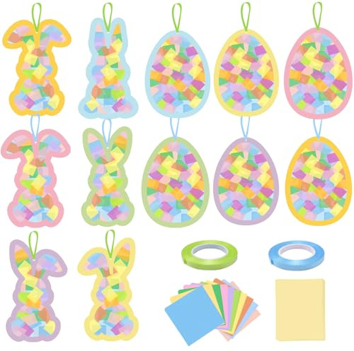 KOPOOEOE 36 Pcs Easter Paper Suncatchers Craft Kits Bunny Egg Hanging Decorations DIY Rabbit Window Art Suncatchers Craft for Easter Spring Window Art Party Favor Decor