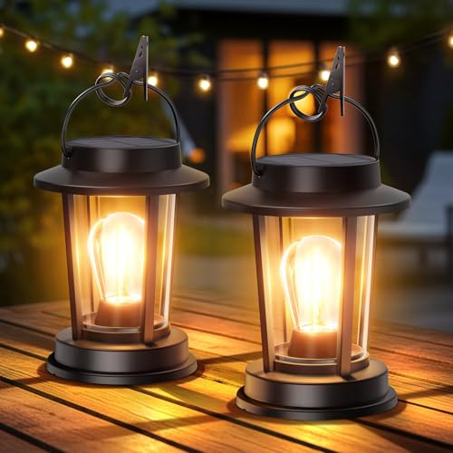 Lampes Solaires Extérieures Suspendues/Posables, Lanternes Solaires Blanc Chaud, Lampes Rétro Étanches IP65, Décoration De Jardin Avec Clips, 2 Pièces Couleur Noir Lumière Au Tungstène