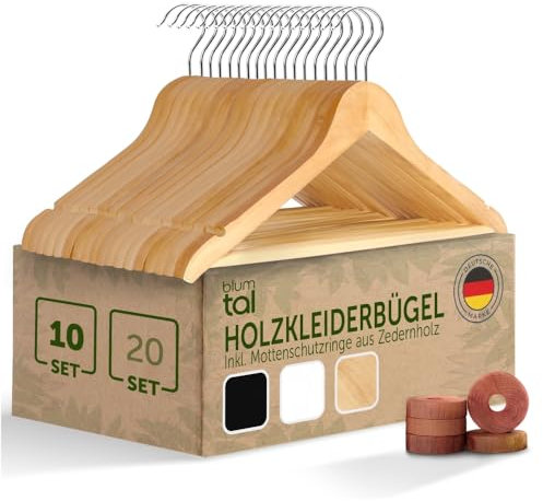 Blumtal - Set mit 10 Kleiderbügel aus Naturholz – Rutschfester Holzbügel – für Erwachsene mit 360° drehbarem Haken aus Chrom – mit 2 Kerben – mit Rutschfester Aufhängestange, Natur