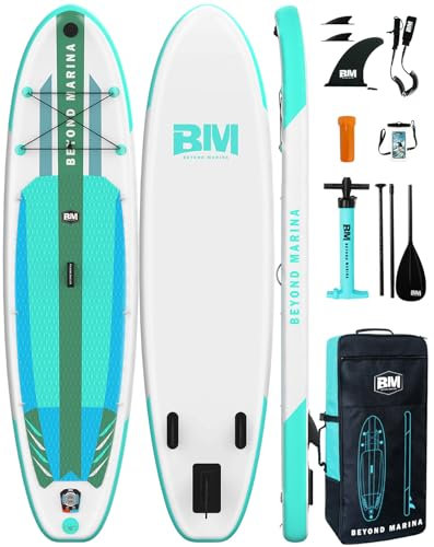 Beyond Marina Aufblasbares SUP, Stand-Up-Paddle Board, 320 x 81 x 15 cm, federleichtes Sup-Board für Jugendliche und Erwachsene, Premium-Doppel-Action-Pumpe, Rucksack, Fiberglas-Paddel, Leine, Minze
