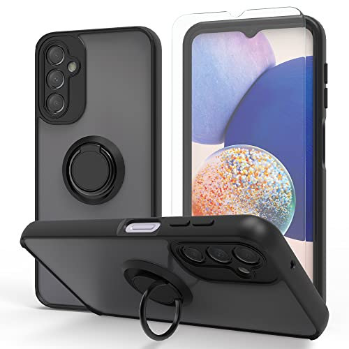 SMYTU Hülle mit Schutzfolie für Samsung Galaxy A14 4G / 5G,Ultra Slim Silikon TPU mit Half Transparent PC Backcover Bumper Handyhülle,360 Grad Ring Halter Ständer Case Cover Schutzhülle - Schwarz