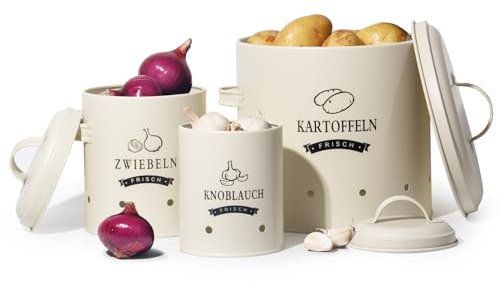 Theo&Cleo Kartoffel Vorratsdosen Set, Kartoffeltopf im Retro Design Zwiebeltopf, Großer Vorratsbehälter aus Metall, Küche Aufbewahrung, Kann Kartoffeln für eine Lange Zeit lagern (Beige)