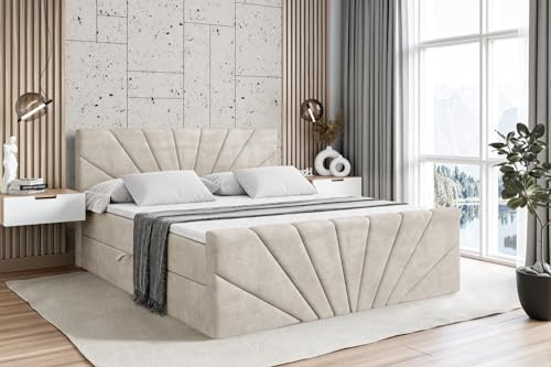 ALTDECOR Boxspringbett mit Matratze und Lattenrost, Boxbett, Topper, Fußteil, Polsterbett mit Bettkasten, Bett mit Stauraum H3-Matratze, Doppelbett, Springboxbett - MILTIO-Z - 180x200 Beige Samt