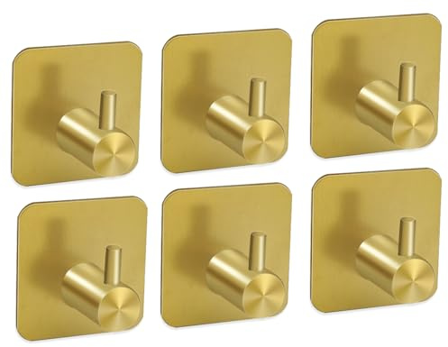 6 Pack selbstklebende Haken aus Edelstahl Set -Selbstklebende Handtuchhaken, Türhaken, starke Klebehaken zum Aufhängen von Gegenständen, kein Bohren, geeignet für Badezimmer und Küche (Gold)