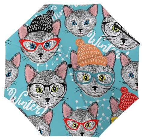 YBQLNP Automatischer Regenschirm Cartoon Katze Taschenschirm Winddicht Sturmfest Für Herren Damen Teenager