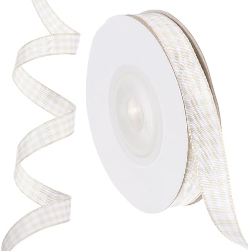 PATIKIL 10 Yardas x 0.4 Cinta de Cuadros tela rayada, Color Caqui Y Blanco para Regalos, Lazos, Coronas, Manualidades de Cumpleaños Y Bodas