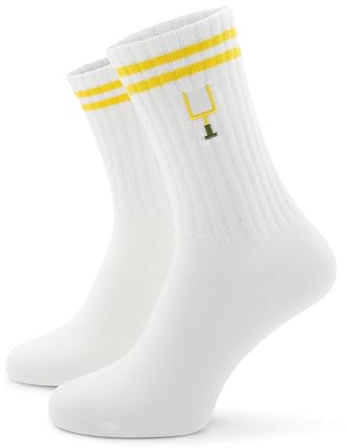 40YARDS American Football Crew Socken Stick (Motiv: Goalpost) - Weiße Tennissocken mit 2 Streifen & gesticktem Football Goalpost – One Size (Einheitsgröße: 37-46) – Geschenk für Football Fans