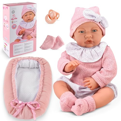 Kinderplay Lili Bambola 41 cm con corpo morbido, effetti sonori e ciuccio, incluso nido reversibile da 43 cm, biberon e vestiti, bambola realistica, gioco di ruolo, regalo per ragazze dai 3 anni in su
