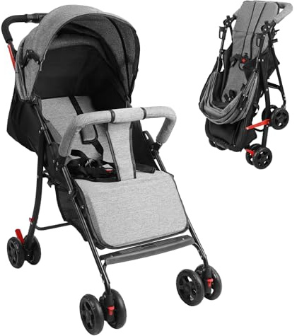 Stroller Pushchair, Reclining Buggy up to 10 kg, Lightweight Compact Foldable Pushchair with Adjustable Backrest,Rain Cover, 5-Point Harness,Storage Basket,Ideal for Travel (Grey)