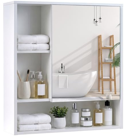 COSTWAY Bathroom Mirror Cabinet, Wall Mounted Storage Cupboard with Single Door and 3 Open Shelves, Wooden Bathroom Unit Wall Medicine Cabinet for Living Room, Kitchen, Hallway (White, 56x16x61cm)