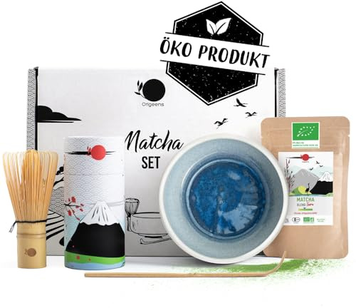 Origeens MATCHA KIT AZUR - Ciotola artigianale in Ceramica (Portogallo), Tè Matcha BIO Giapponese, Frusta e Cucchiaio in Bambù