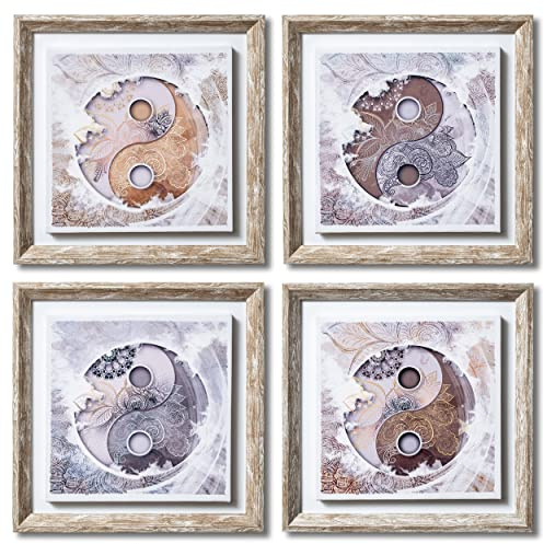DekoArte - Cuadros Decoracion Salon Modernos YING YANG MANDALA 30x30 cm x4 piezas - Set de Cuadros con Marco Shabby chic.
