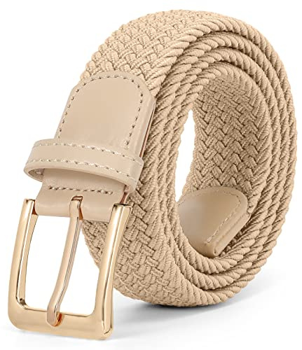 JASGOOD Women Braided Woven Elastic Stretch Belt Men Web Casual Belt for Pants Jeans(Beige,Gold Buckle,Fit Pant Size 26-31inch)
