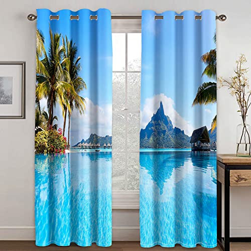 Blickdichte Vorhänge Mit Motiv 3D Blauer See Mit Kokosnussbäumen Landschaft Kinder Gardinen Blickdicht Ösen Gardine Thermo 264x214 Cm Schlafzimmer Kinderzimmer Vorhänge Dekoratives Muster, Verdunkl