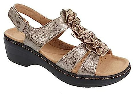 FFMA Sandales Femme ÉTé Chaussures Orthopédiques Confortables Sandales Cuir Plat Fleur Low Toe Open Toe Breathable, D'or, 39 EU